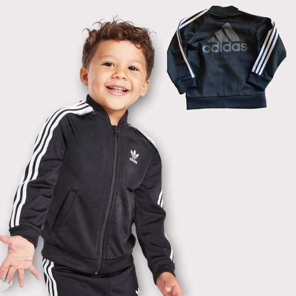 ADIDAS Boys Tricot Track Jacket Black White Stripes 24 months. Like New - Picture 2 of 7